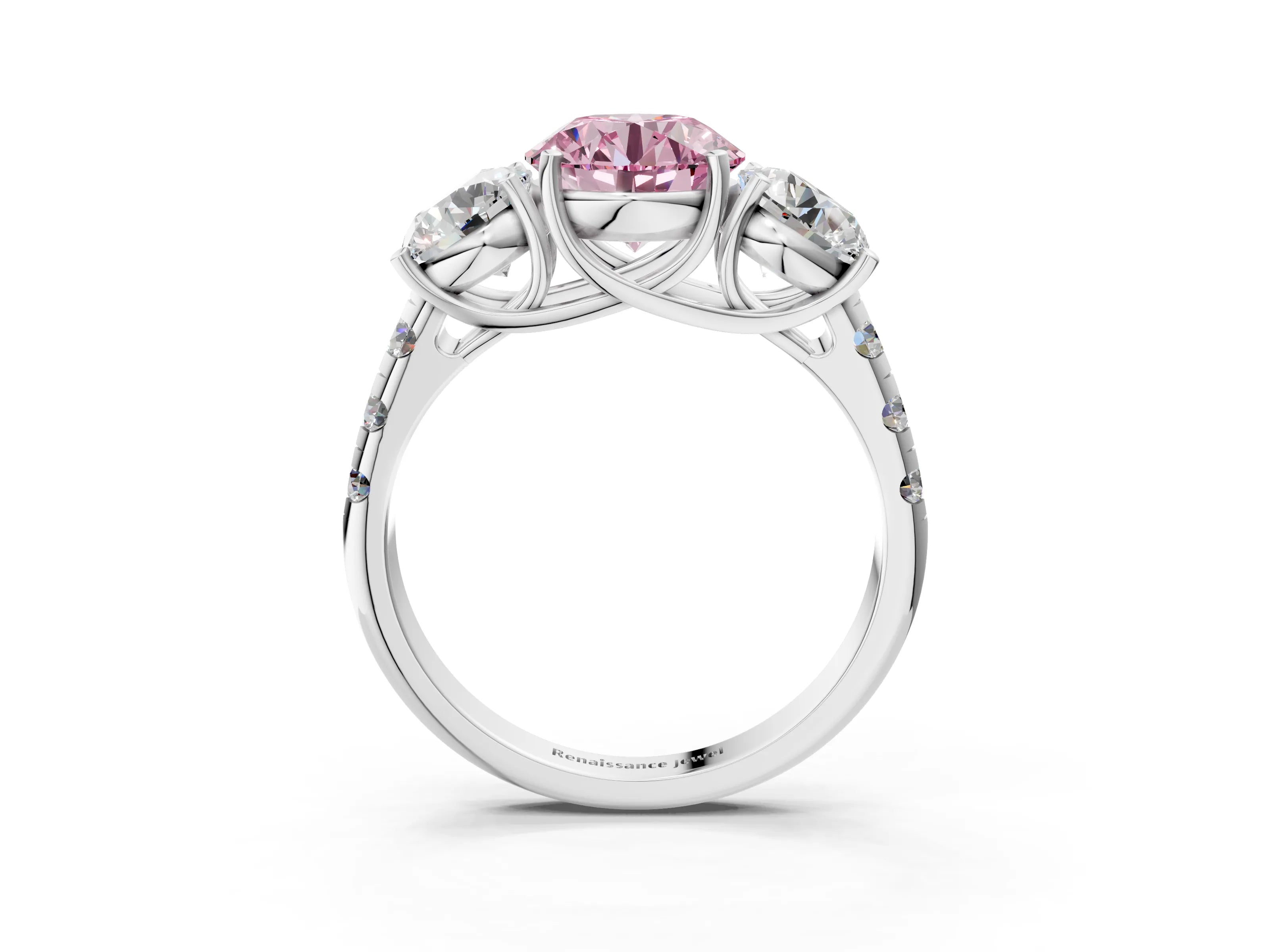 White gold Three-Stone Fancy Pink Round Cut Diamond Pavé Band with Prong Setting_15
