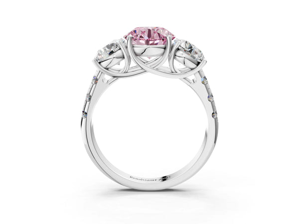 Platinum Three-Stone Fancy Pink Round Cut Diamond Pavé Band with Prong Setting