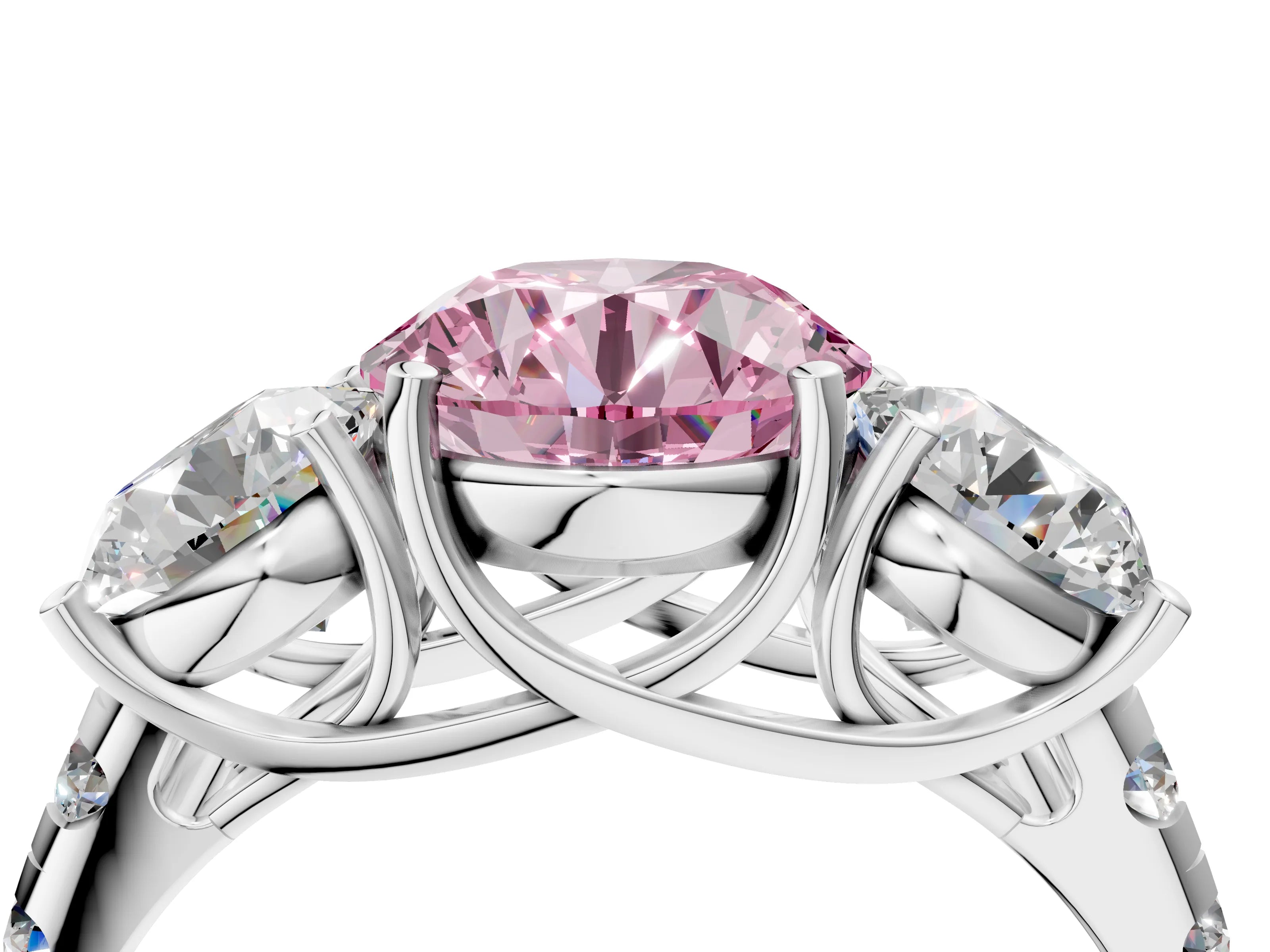 White gold Three-Stone Fancy Pink Round Cut Diamond Pavé Band with Prong Setting_16