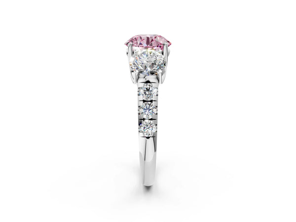 Platinum Three-Stone Fancy Pink Round Cut Diamond Pavé Band with Prong Setting