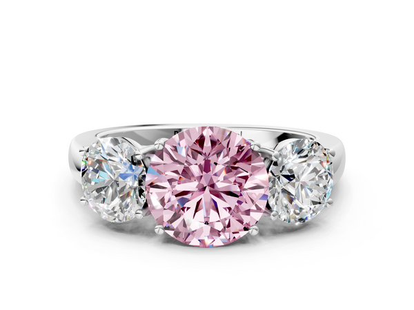 White gold Fancy Pink Round Cut Diamond Three-Stone Ring with Four-Prong Setting and Classic Band