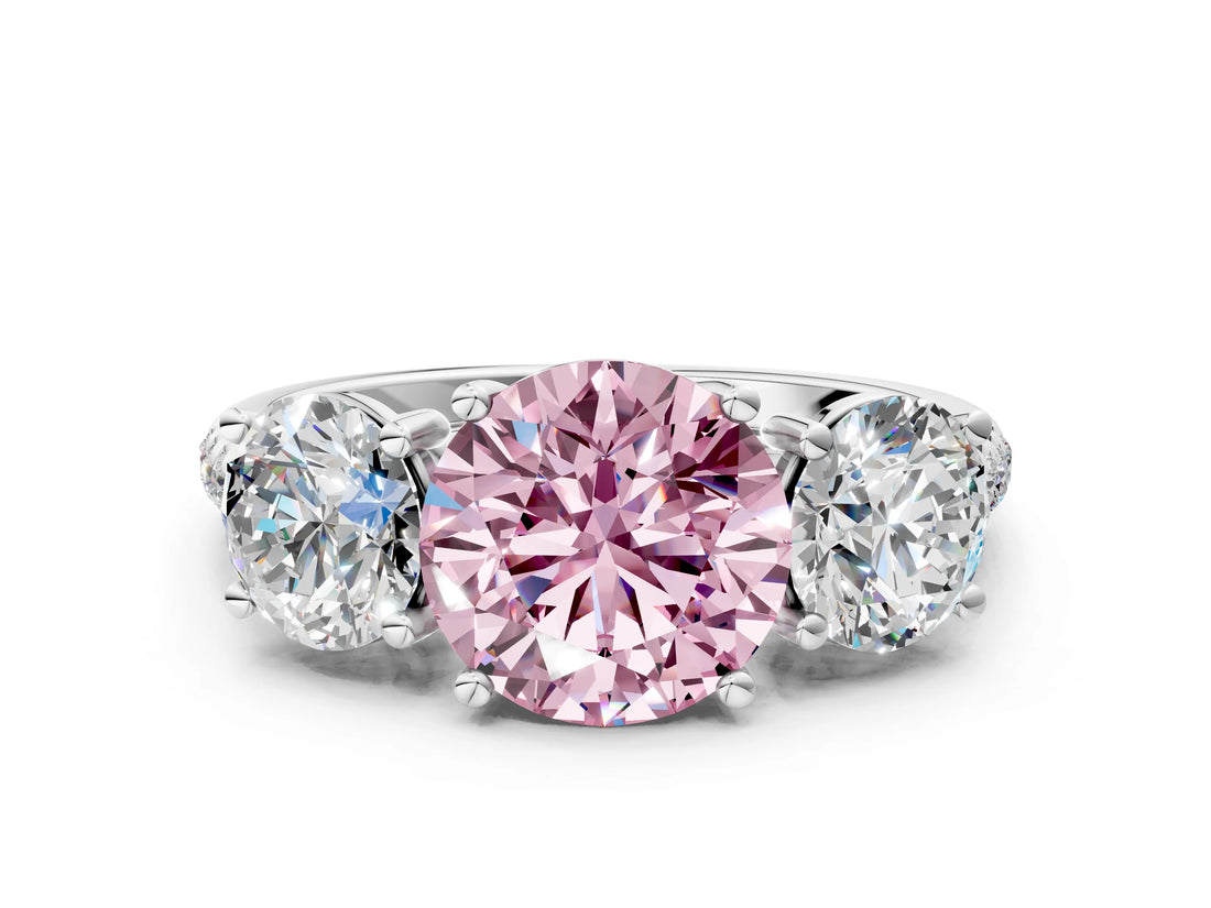 White gold Three-Stone Fancy Pink Round Cut Diamond Ring with Pavé Band and Prong Setting_107