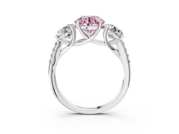 White Gold Round Three Stone Engagement Ring Setting for Fancy Pink Center with Matching Side Stones