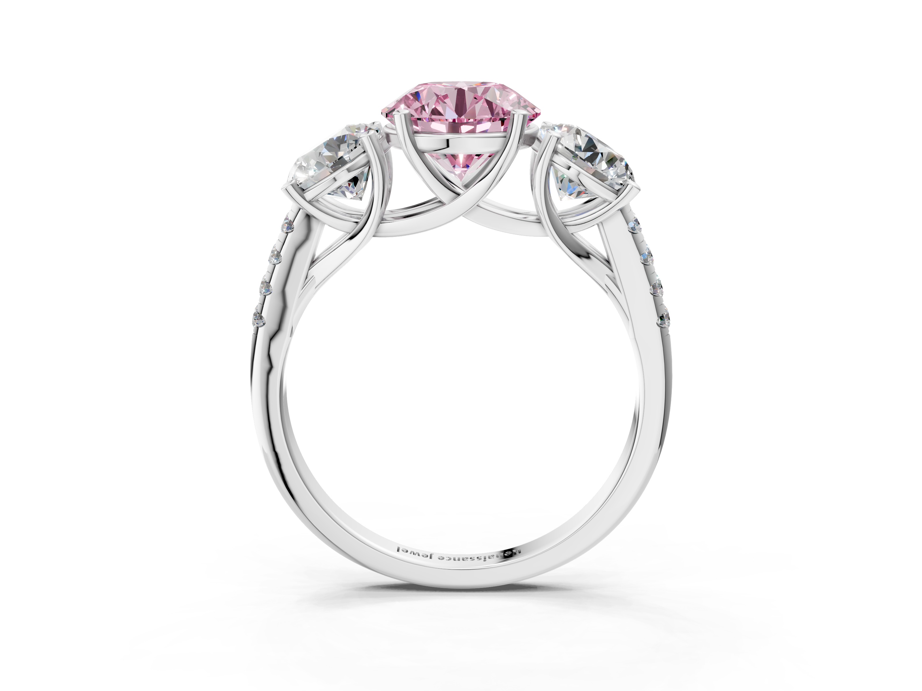 White gold Three-Stone Fancy Pink Round  Cut Diamond Ring with Pavé Band and Prong Setting_20