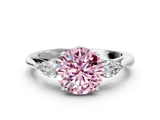 White gold Three-Stone Fancy Pink Round  Cut Diamond Ring with Pear Side Stones in Four-Prong Setting