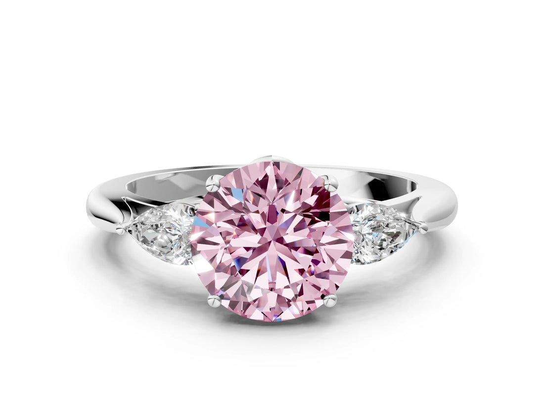 White gold Three-Stone Fancy Pink Round Cut Diamond Ring with Pear  Side Stones in Four-Prong Setting_48