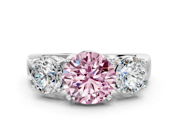 Platinum Three-Stone Fancy Pink Round Cut Diamond Ring with Round Side Stones, Classic Band, and Four-Prong Setting