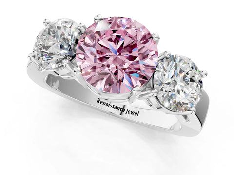 White gold Three-Stone Fancy Pink Round Cut Diamond Ring with Round Side Stones, Classic Band, and Four-Prong Setting_1