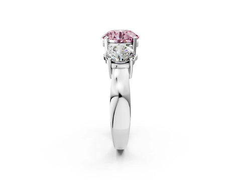 White gold Three-Stone Fancy Pink Round Cut Diamond Ring with Round Side Stones, Classic Band, and Four-Prong Setting_2