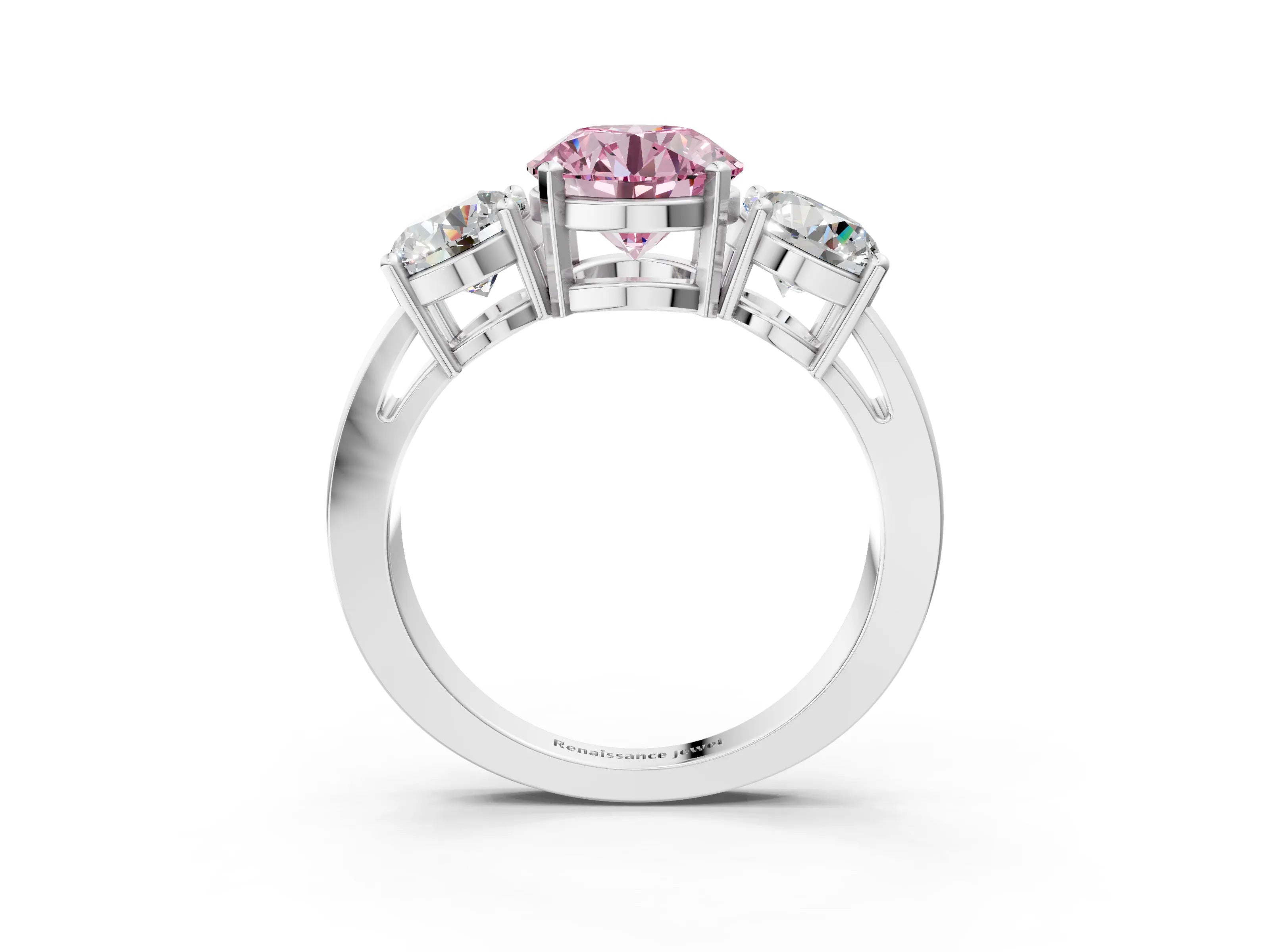 White gold Three-Stone Fancy Pink Round Cut Diamond Ring with Round Side Stones, Classic Band, and Four-Prong Setting_3