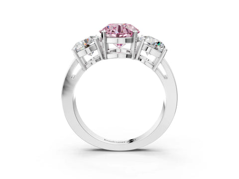 White gold Three-Stone Fancy Pink Round Cut Diamond Ring with Round Side Stones, Classic Band, and Four-Prong Setting_3