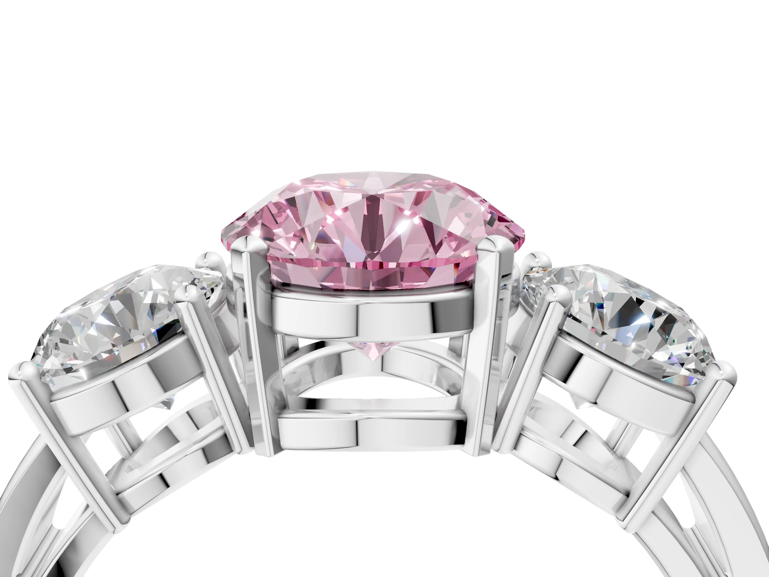 White gold Three-Stone Fancy Pink Round Cut Diamond Ring with Round Side Stones, Classic Band, and Four-Prong Setting_4