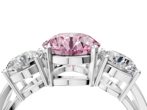 White gold Three-Stone Fancy Pink Round Cut Diamond Ring with Round Side Stones, Classic Band, and Four-Prong Setting_4
