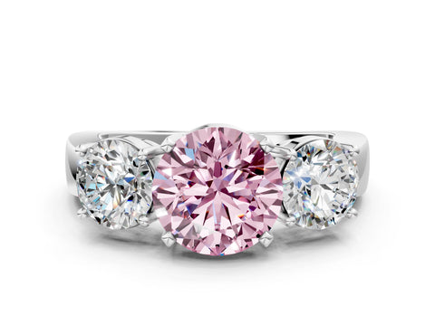 White gold Three-Stone Fancy Pink Round Cut Diamond Ring with Round Side Stones, Classic Band, and Four-Prong Setting