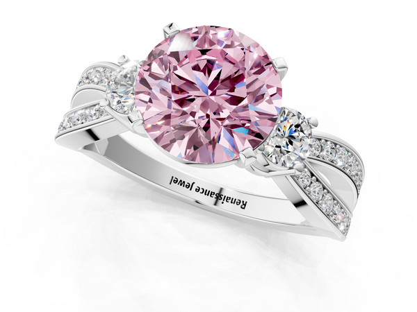 Platinum Three-Stone Fancy Pink Round  Cut Diamond Twist Band with Prong Setting
