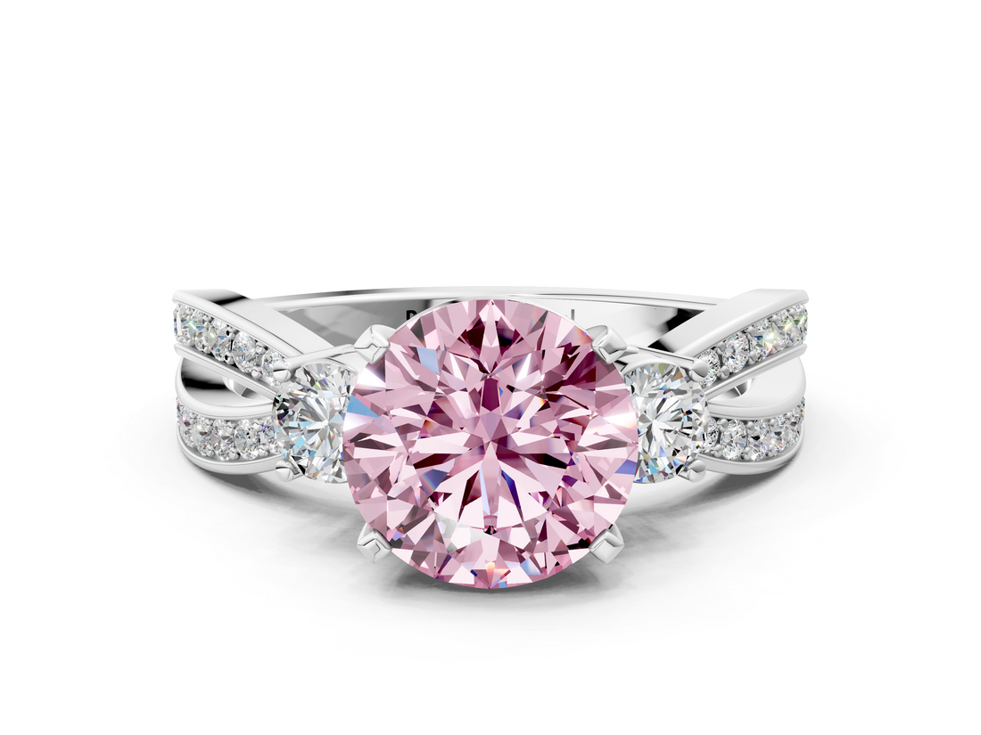 White gold Three-Stone Fancy Pink Round  Cut Diamond Twist Band with Prong Setting