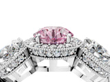 White gold Three-Stone Fancy Pink Round Cut Halo Diamond Milgrain Band with Four-Prong Setting_4