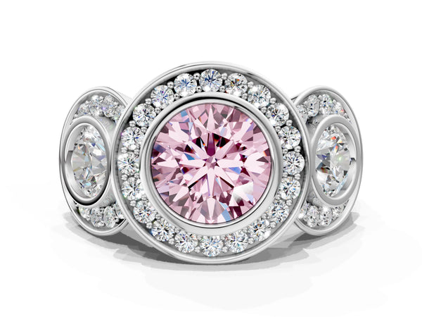 Platinum Three-Stone Fancy Pink Round Cut Halo Pavé Diamond Ring
