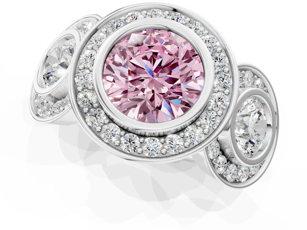 Platinum Three-Stone Fancy Pink Round Cut Halo Pavé Diamond Ring