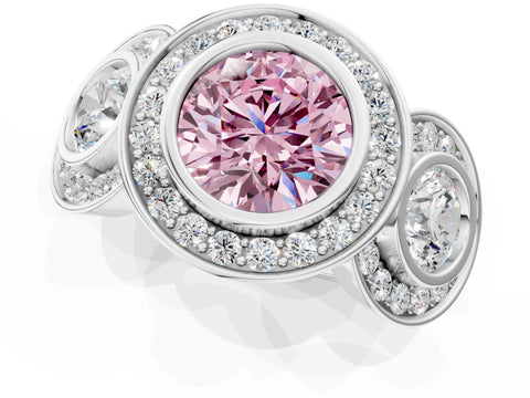 White gold Three-Stone Fancy Pink Round Cut Halo Pavé Diamond Ring_1