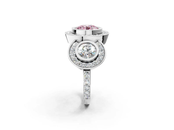 Platinum Three-Stone Fancy Pink Round Cut Halo Pavé Diamond Ring