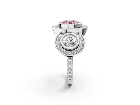 White gold Three-Stone Fancy Pink Round Cut Halo Pavé Diamond Ring_2