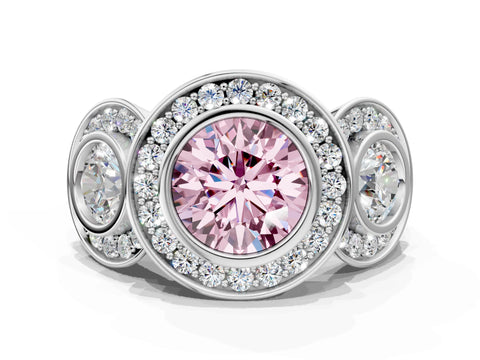 White gold Three-Stone Fancy Pink Round Cut Halo Pavé Diamond Ring