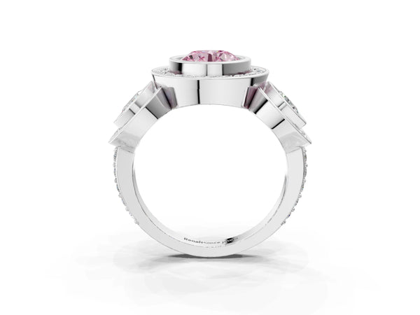 Platinum Three-Stone Fancy Pink Round Cut Halo Pavé Diamond Ring