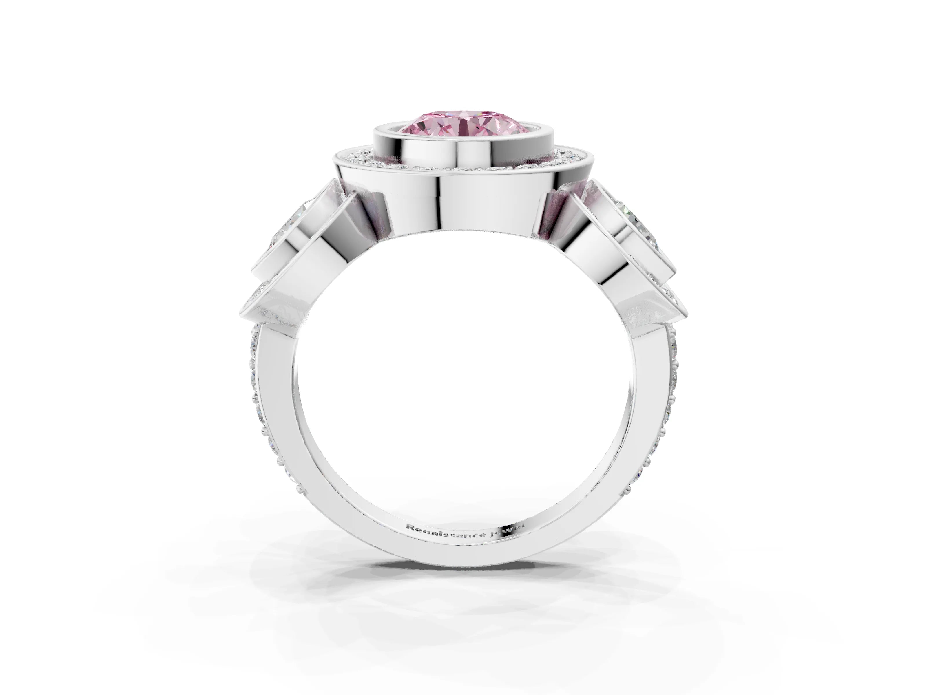 White gold Three-Stone Fancy Pink Round Cut Halo Pavé Diamond Ring_3