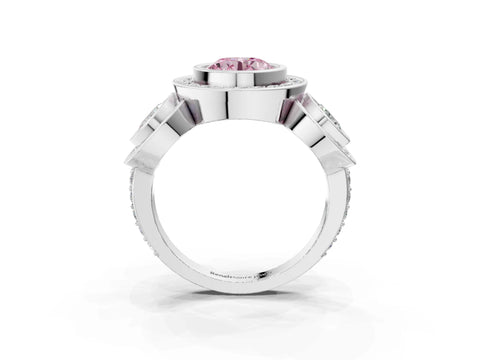 White gold Three-Stone Fancy Pink Round Cut Halo Pavé Diamond Ring_3