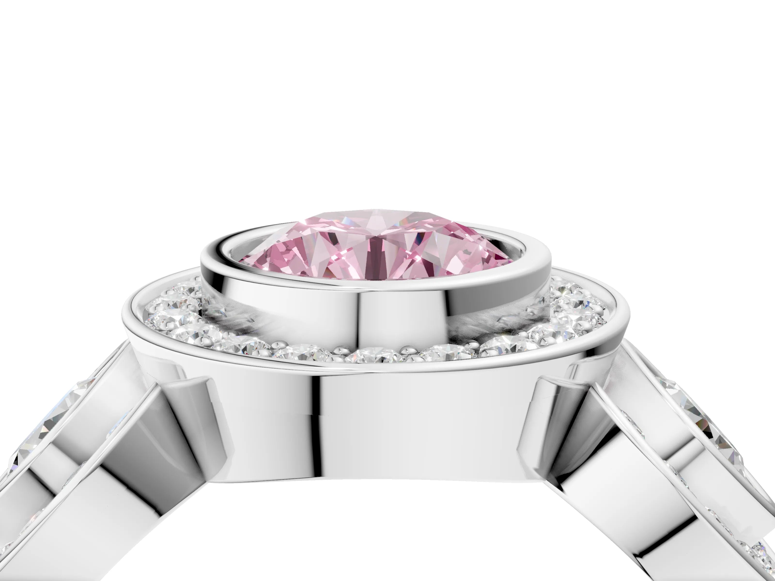 White gold Three-Stone Fancy Pink Round Cut Halo Pavé Diamond Ring_4