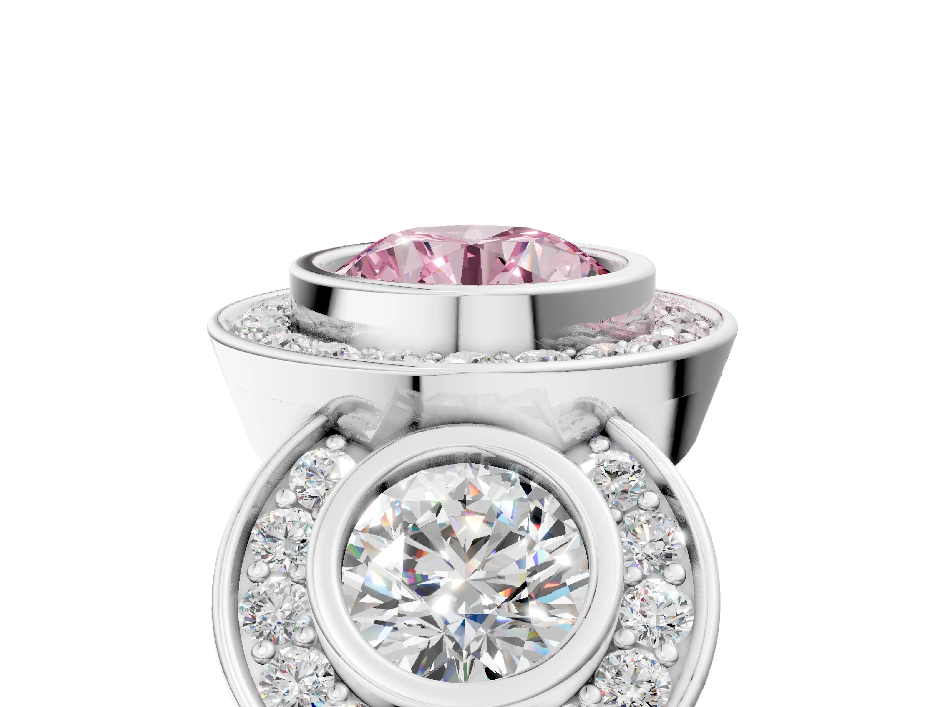 White gold Three-Stone Fancy Pink Round Cut Halo Pavé Diamond Ring_5