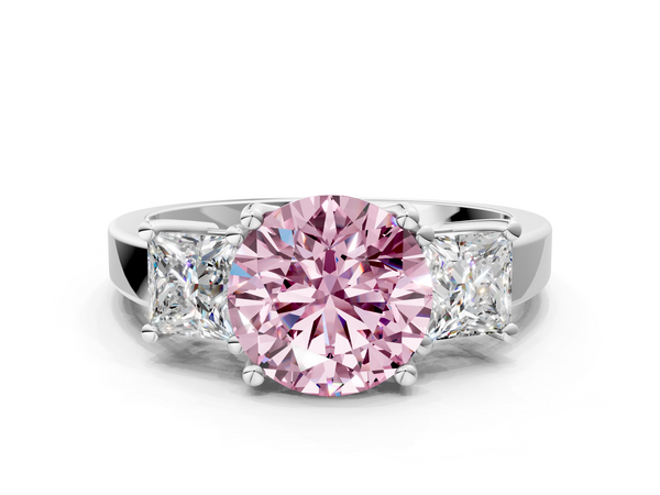 Platinum Three-Stone Fancy Pink Round  Cut Solitaire Ring with Prong Setting