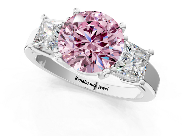 Platinum Three-Stone Fancy Pink Round  Cut Solitaire Ring with Prong Setting