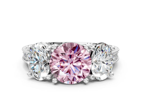 White gold Three-Stone Fancy Pink Round  Diamond Milgrain Pave Band with Prong Setting