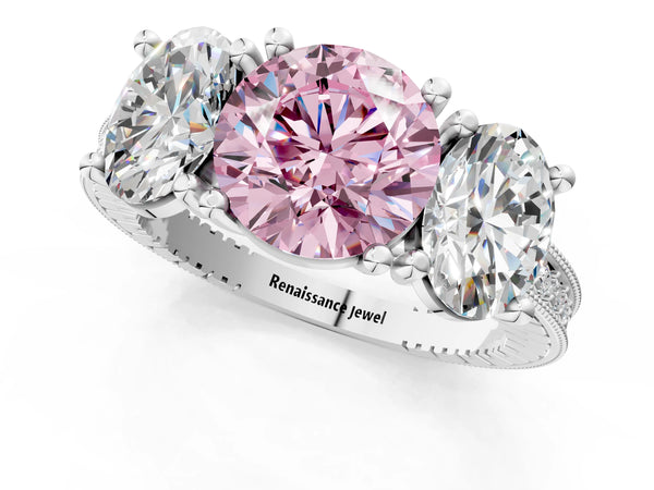 White gold Three-Stone Fancy Pink Round  Diamond Milgrain Pave Band with Prong Setting