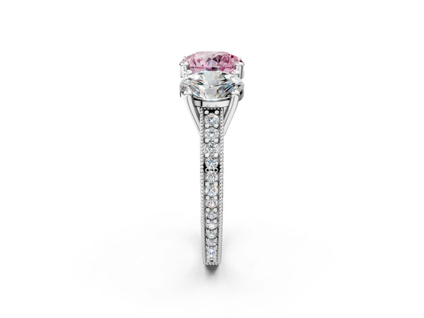 White gold Three-Stone Fancy Pink Round  Diamond Milgrain Pave Band with Prong Setting