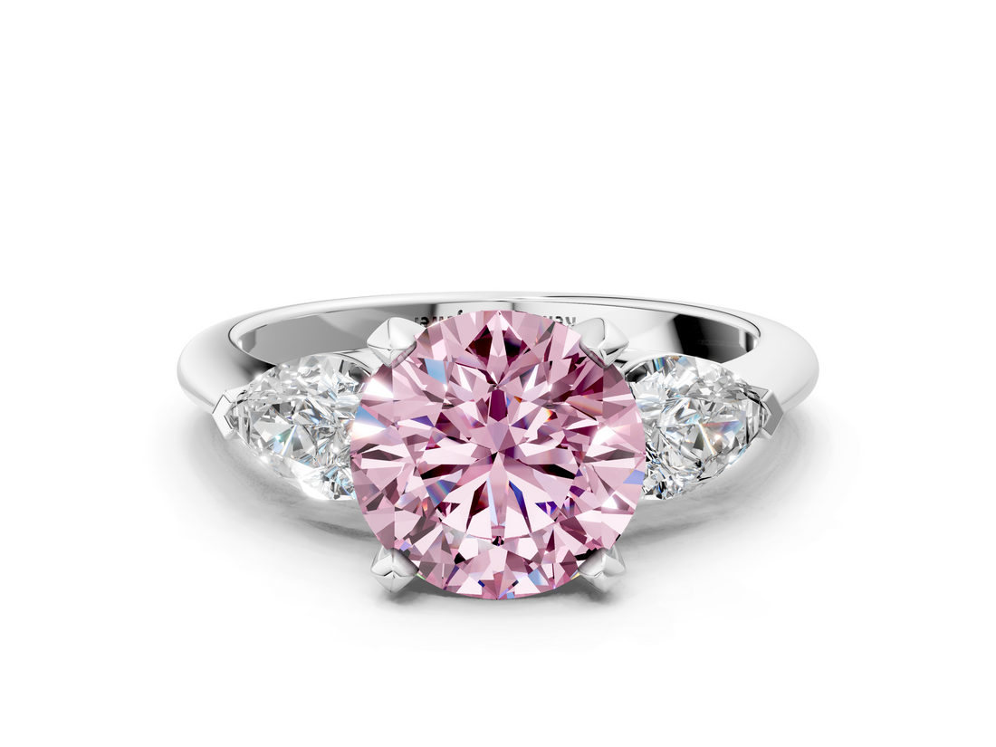 White gold Three-Stone Fancy Pink Round  Diamond Ring with Pear Side Stones in Four-Prong Setting