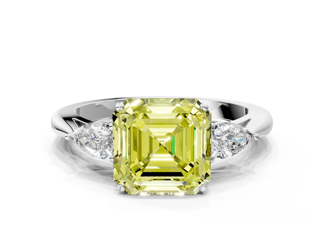 White gold Three-Stone Fancy Yellow Asscher Cut Brilliant Diamond Solitaire Ring with Tapered Band and Four-Prong Setting_31