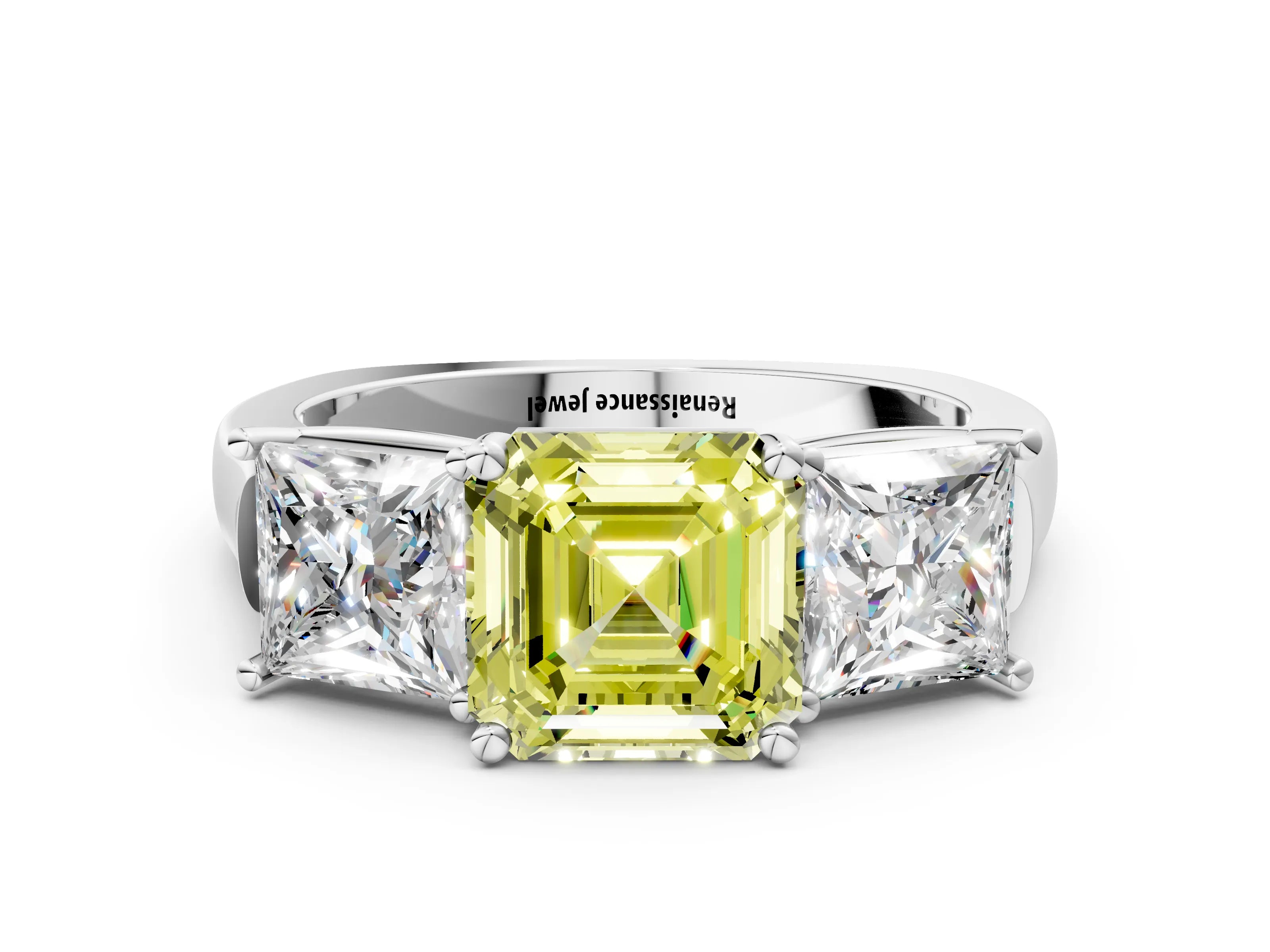White gold Three-Stone Fancy Yellow Asscher Cut Brilliant Diamond Trellis Ring with Comfort Fit Band_12