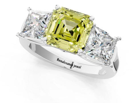 White gold Three-Stone Fancy Yellow Asscher Cut Brilliant Diamond Trellis Ring with Comfort Fit Band_13