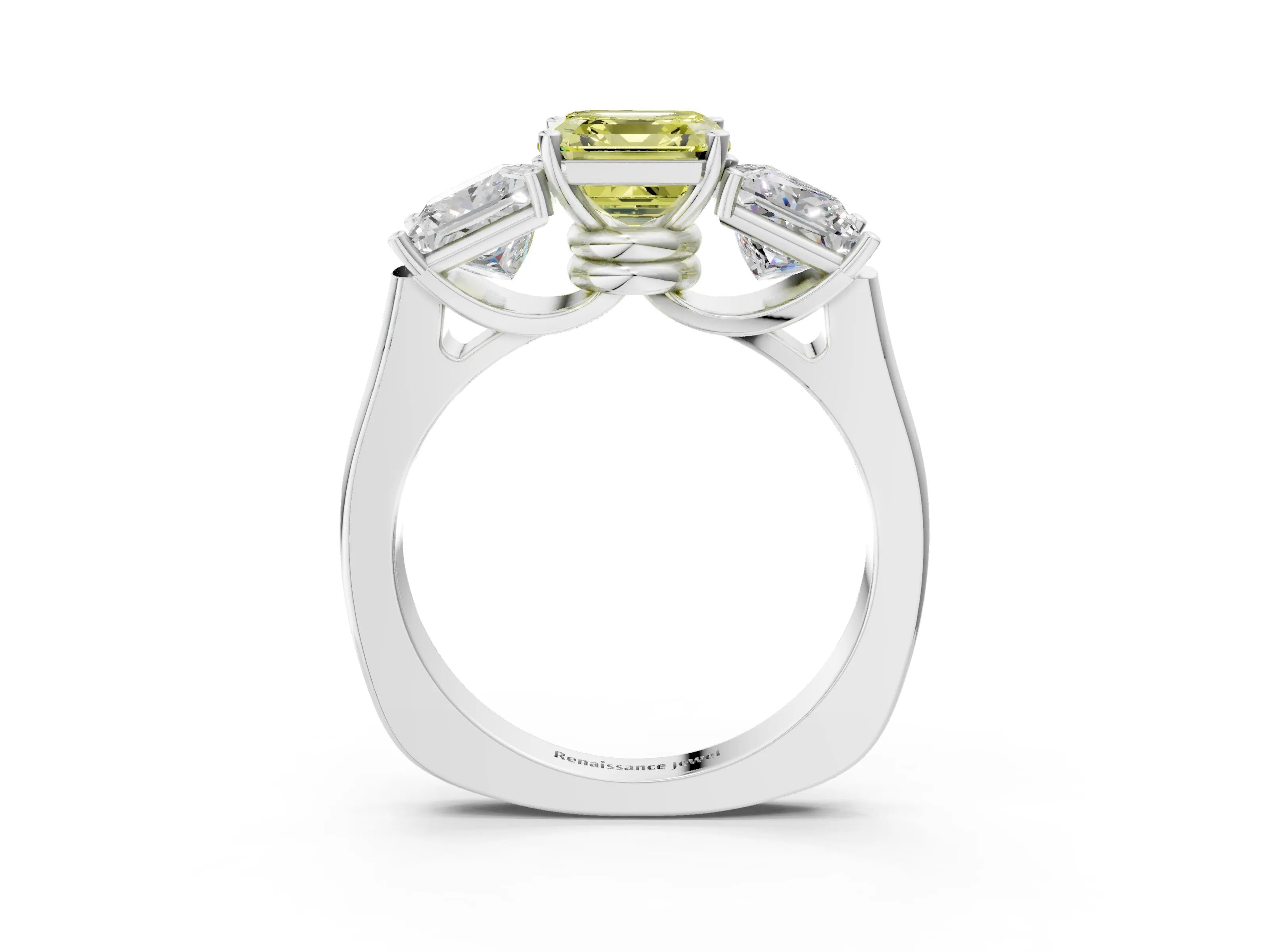 White gold Three-Stone Fancy Yellow Asscher Cut Brilliant Diamond Trellis Ring with Comfort Fit Band_15