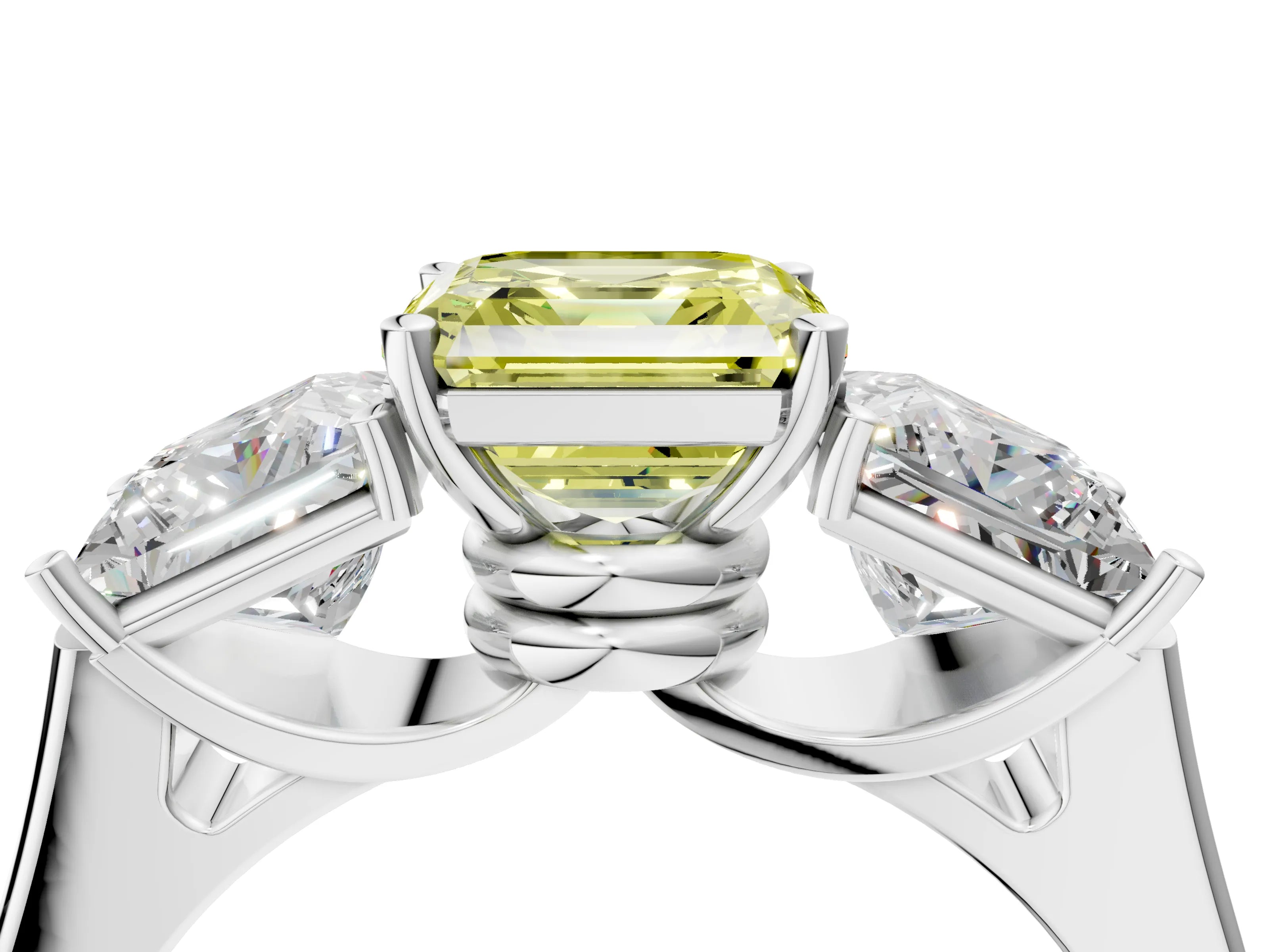 White gold Three-Stone Fancy Yellow Asscher Cut Brilliant Diamond Trellis Ring with Comfort Fit Band_4