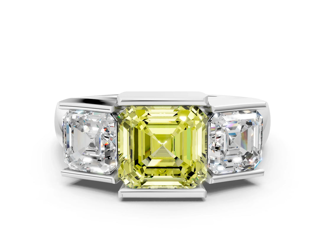 White gold Three Stone Fancy Yellow Asscher Cut Cut Channel Set Diamond Ring_36