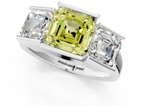 White gold Three Stone Fancy Yellow Asscher Cut Cut Channel Set Diamond Ring_37