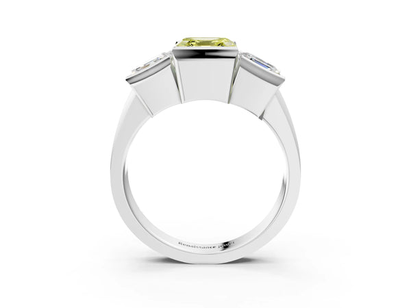 White Gold Asscher Cut Channel Set Three Stone Engagement Ring Setting for Fancy Yellow Center