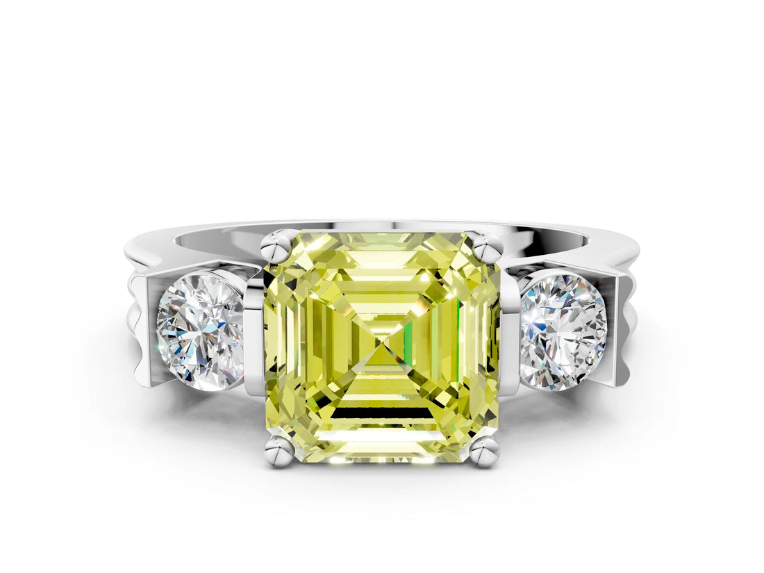 White gold Three-Stone Fancy Yellow Asscher Cut Cut Classic Band Prong Setting Ring