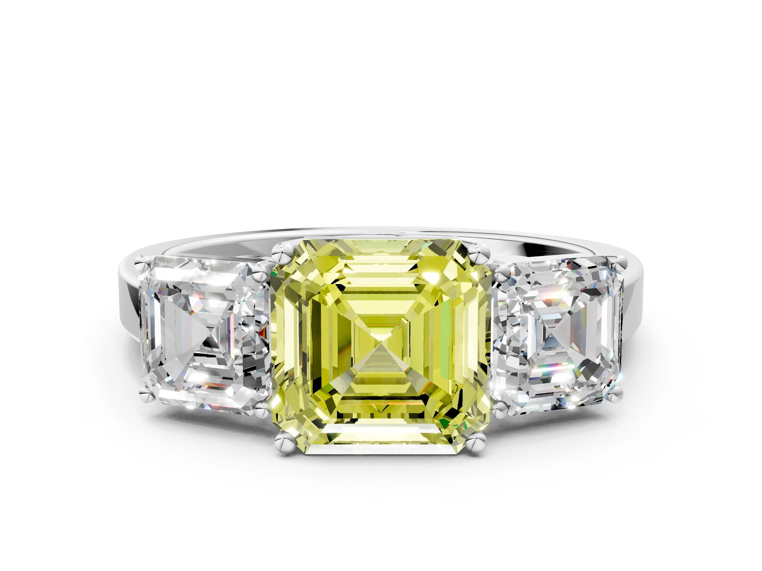 White gold Three-Stone Fancy Yellow Asscher Cut Cut Diamond Engagement Ring with Flat Band and Four-Prong Setting