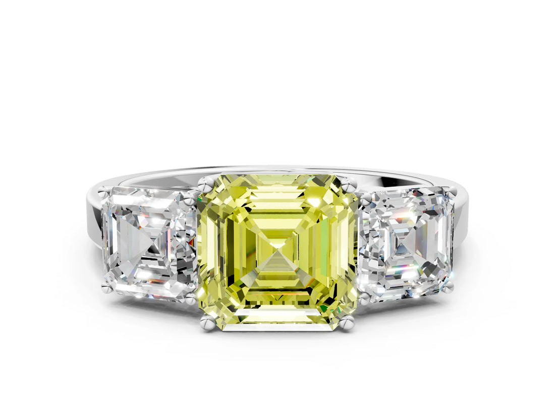 White gold Three-Stone Fancy Yellow Asscher Cut Cut Diamond Engagement Ring with Flat Band and Four-Prong Setting_12