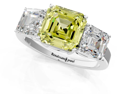 White gold Three-Stone Fancy Yellow Asscher Cut Cut Diamond Engagement Ring with Flat Band and Four-Prong Setting_13
